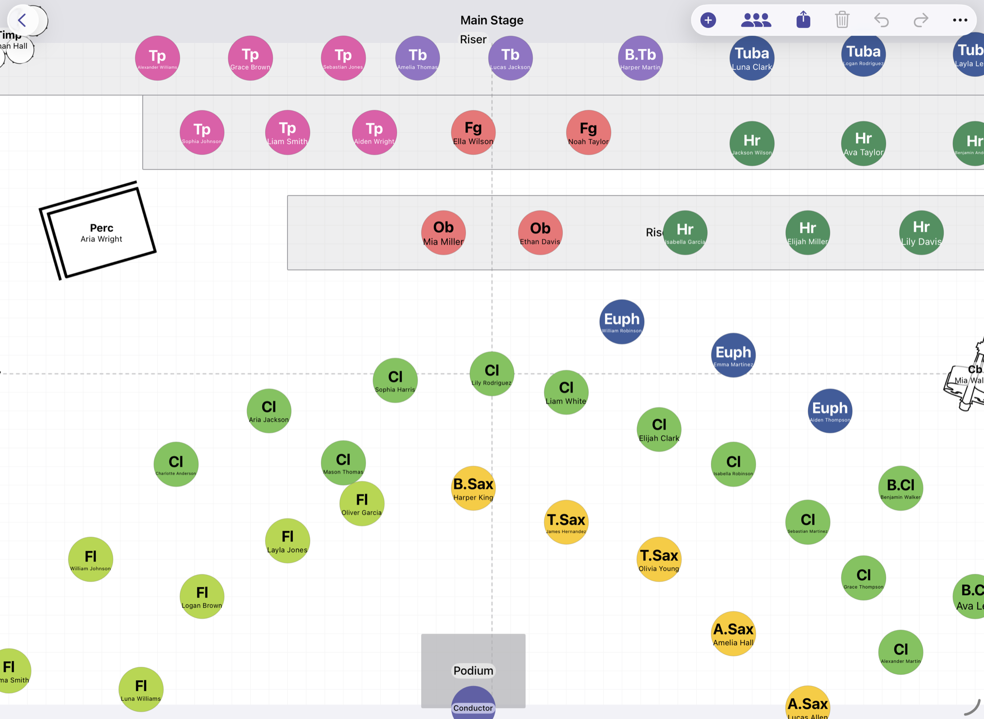 A concert stage layout shown on iPad — players, large instruments, risers and the conductor's podium