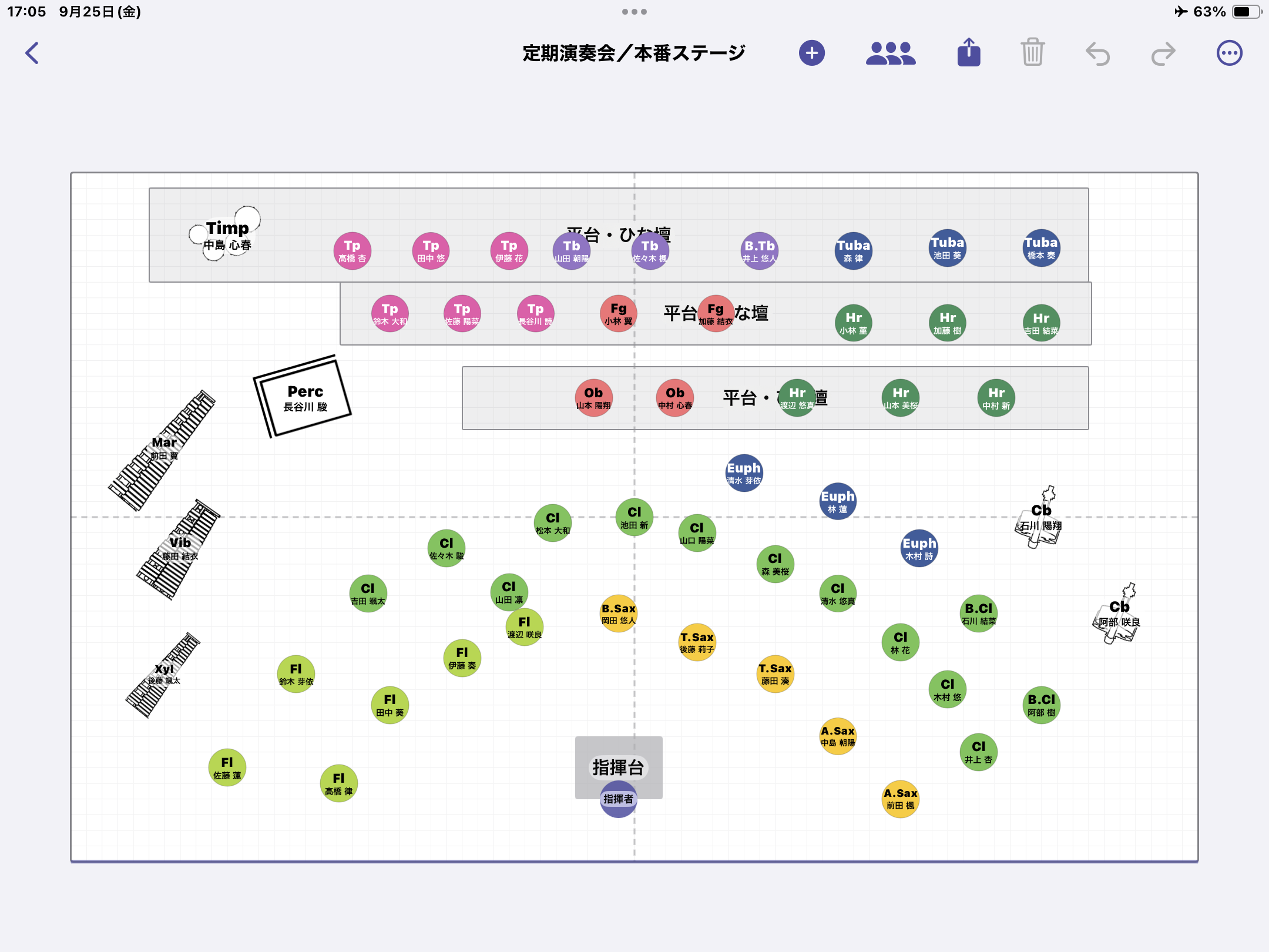 iPadで表示した演奏会の舞台配置図(奏者・大型楽器・平台・指揮台)